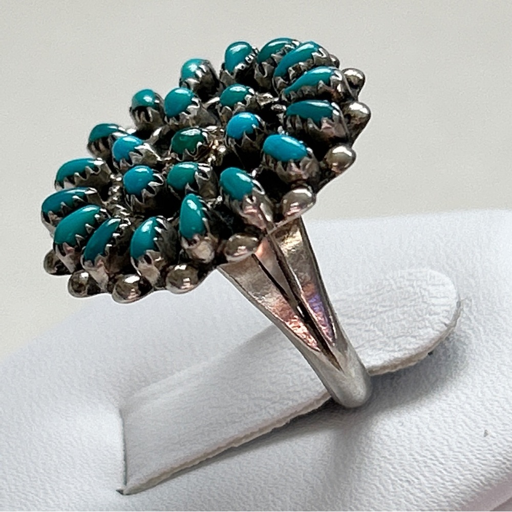 Vintage Zuni Turquoise Cluster Sterling Silver Ring - Picture 5 of 14